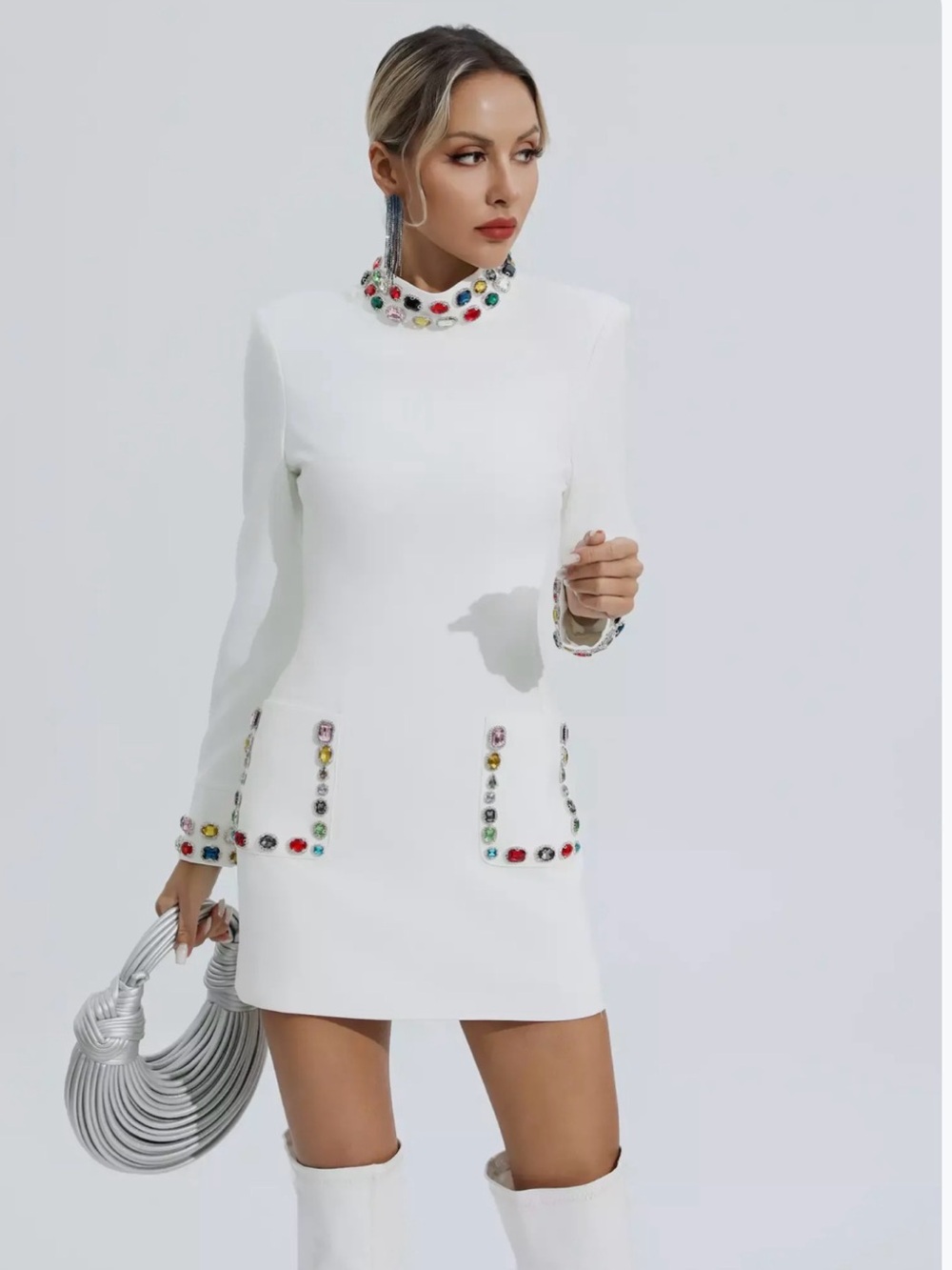 White Jewel-Embellished Long Sleeve Dress